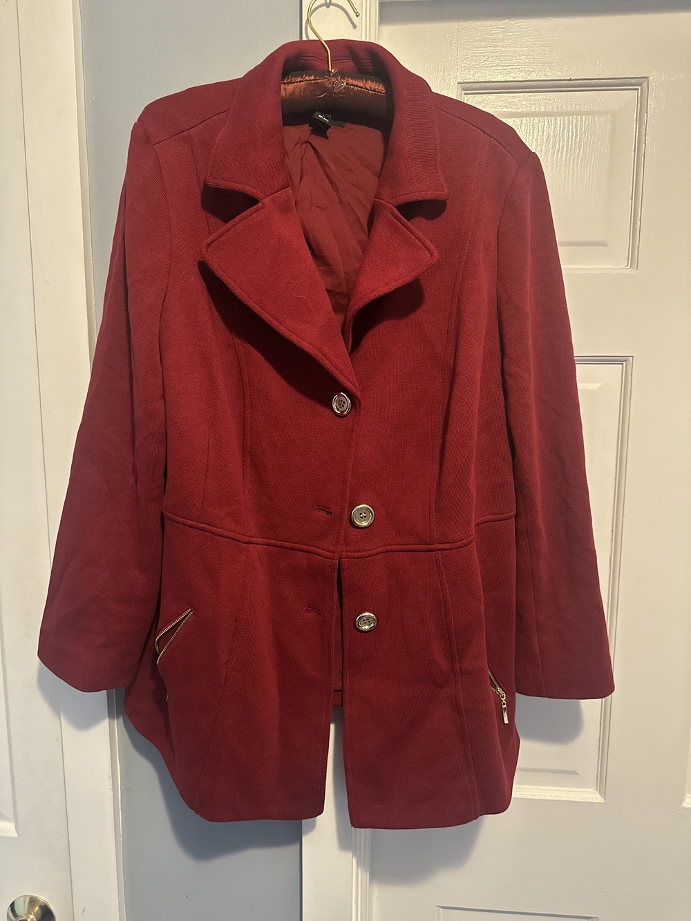 Alfani Burgundy Red Pea Coat with Notched Collar and Gold Accents 18W
